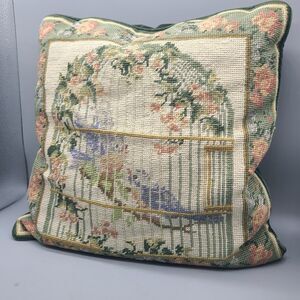 Vintage Cross stitch pillow Vintage tapestry  15" x 15"  birds cage hand-made